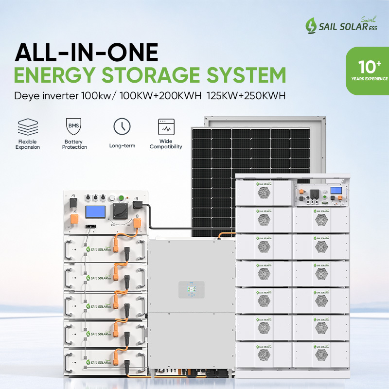 Sistema solar de almacenamiento de baterías de 100 kW y 125 kW con inversor híbrido Deye.